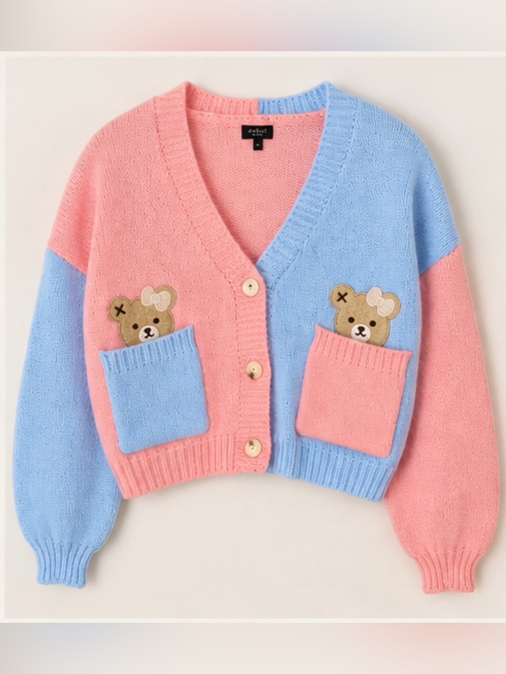 Cute Colorblock Teddy Pocket Cardigan Jacket - Pink & Blue size S/M